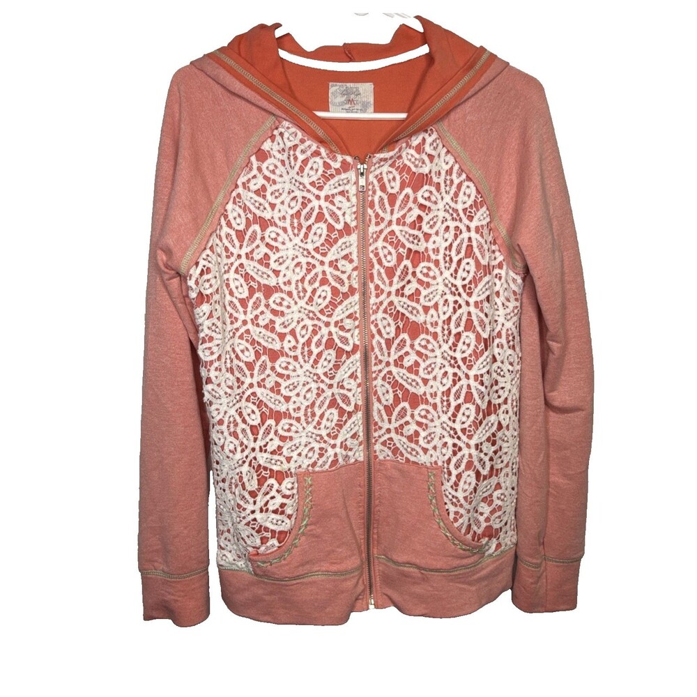 BKE Buckle Womens Size M Full Zip Hoodie Sweatshirt Pink Lace Accent Lounge Y2K
